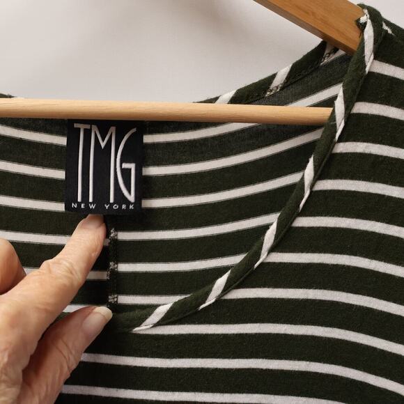 TMG Dress Olive White Stripe Asymmetric Hem Cap Sleeve Round Neck SZ Large - Picture 2 of 12